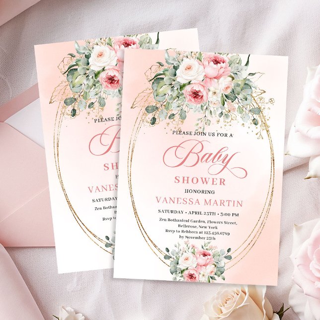 Invitación de Baby Shower de Flores Verdes con Rub (Trendy Blush Floral Greenery Baby Shower Invite Girl)