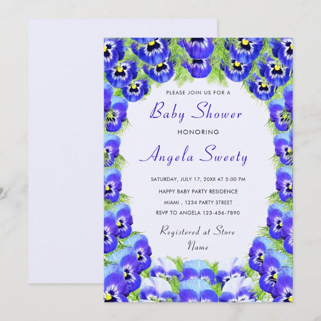 Invitación de Baby Shower de Flores Violetas (Anverso / Reverso)