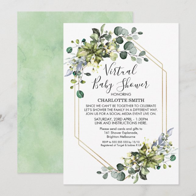 Invitación de Baby Shower de follaje geométrico vi (Anverso / Reverso)