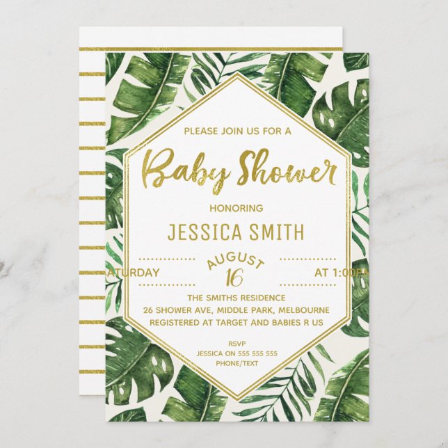 Invitación de Baby Shower de follaje tropical mode (Anverso / Reverso)