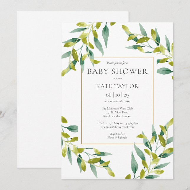 Invitación de Baby Shower de Follaje Verde Elegant (Anverso / Reverso)