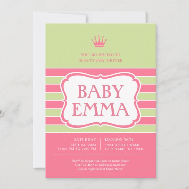 Invitación de Baby Shower de franjas (Anverso)