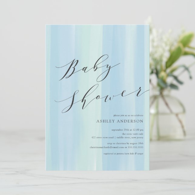 Invitación de Baby Shower de franjas de color azul (Anverso de pie)