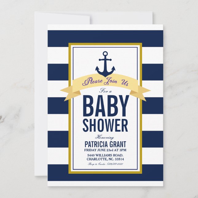 Invitación de Baby Shower de franjas de la marina  (Anverso)
