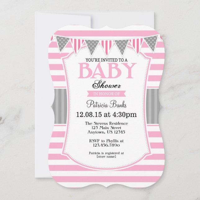 Invitación de Baby Shower de franjas grises rosada (Anverso)