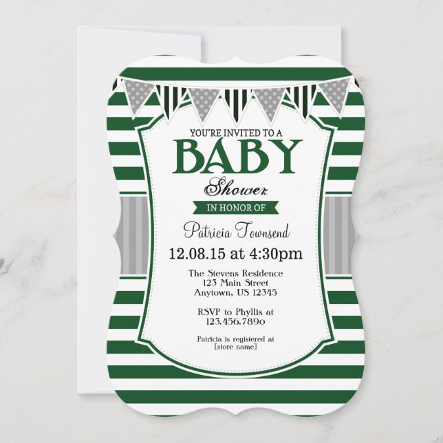 Invitación de Baby Shower de franjas grises verdes (Anverso)