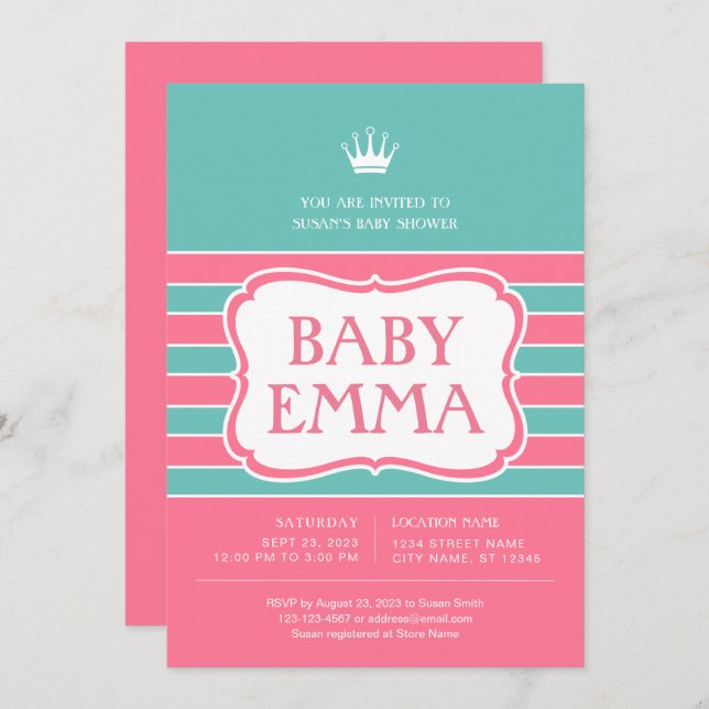 Invitación de Baby Shower de franjas turquesas ros (Anverso / Reverso)