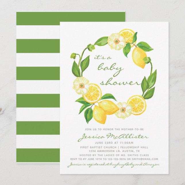 Invitación de Baby Shower de franjas verdes de cít (Anverso / Reverso)