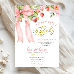 Invitación de baby shower de fresa con lazo rosa