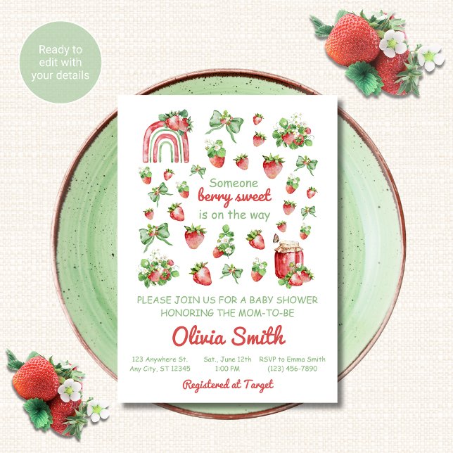 Invitación de baby shower de fresa en acuarela (Subido por el creador)
