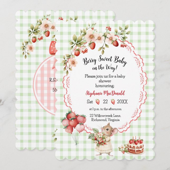Invitación de Baby Shower de Fresa - Gingham Verde (Anverso / Reverso)