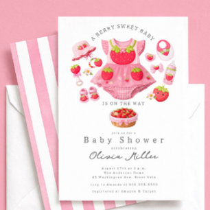 Invitación de Baby Shower de Fresa Niña Rosa