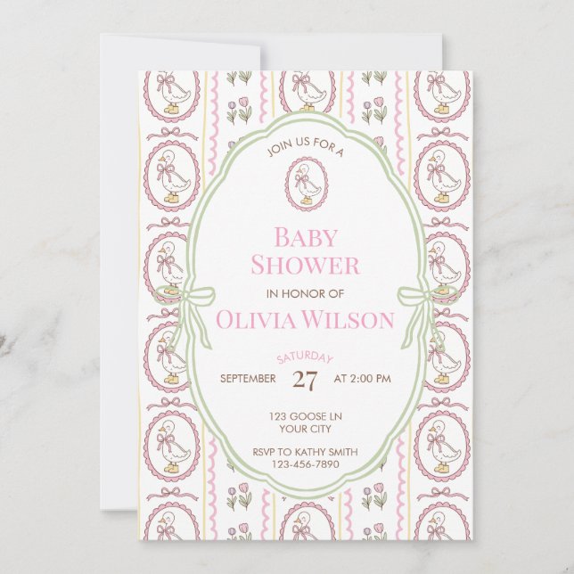 Invitación de baby shower de ganso rosa editable 5 (Anverso)