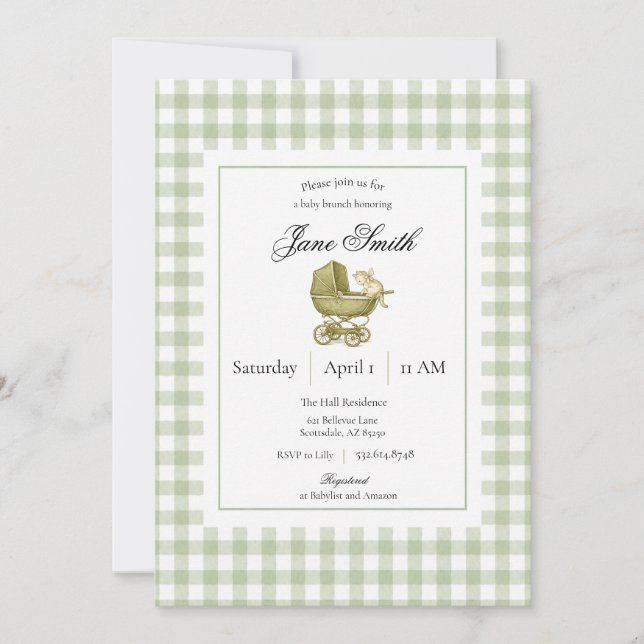 Invitación de baby shower de gatito con gingham ve (Anverso)