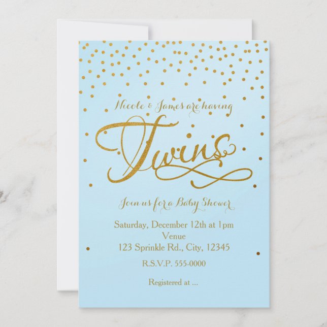 Invitación de baby shower de gemelos azul claro y  (Anverso)