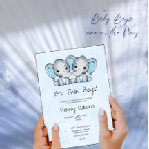 Invitación de Baby Shower de Gemelos Elefantes Azu