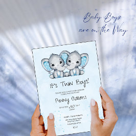 Invitación de Baby Shower de Gemelos Elefantes Azu