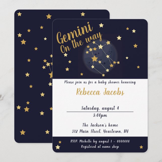 Invitación de Baby Shower de Gemini zodiac (Anverso / Reverso)