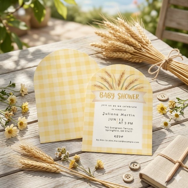 Invitación de baby shower de gingham amarillo con  (Subido por el creador)