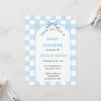 Invitación de Baby Shower de Gingham Azul, Bebé Ni