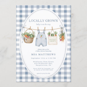 Invitación de baby shower de gingham azul cultivad