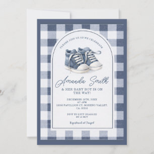 Invitación de Baby Shower de Gingham Azul Marinho