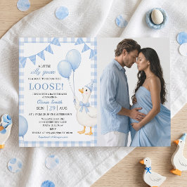 Invitación de baby shower de gingham azul Silly Go