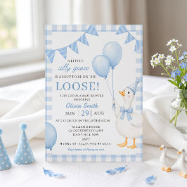 Invitación de baby shower de gingham azul Silly Go