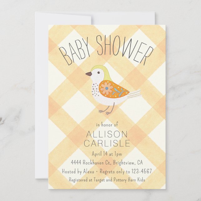 Invitación de baby shower de gingham floral pájaro (Anverso)