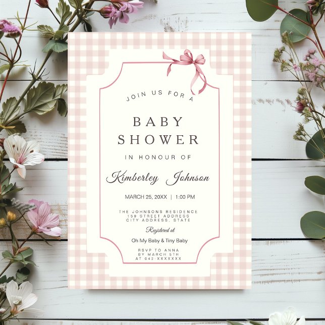 Invitación de Baby Shower de Gingham rosa con Bow (Subido por el creador)