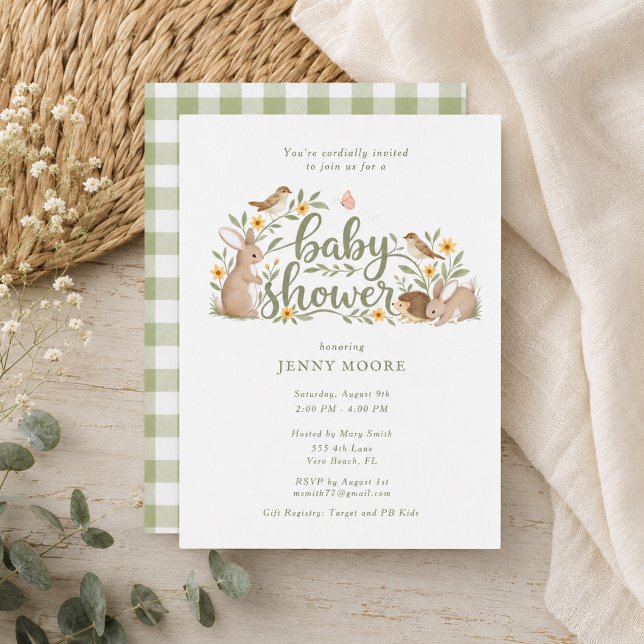 Invitación de Baby Shower de Gingham Verde Bosque (Woodland Green Gingham Baby Shower Invitation)