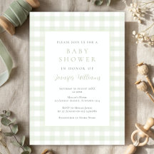 Invitación de baby shower de gingham verde salvia