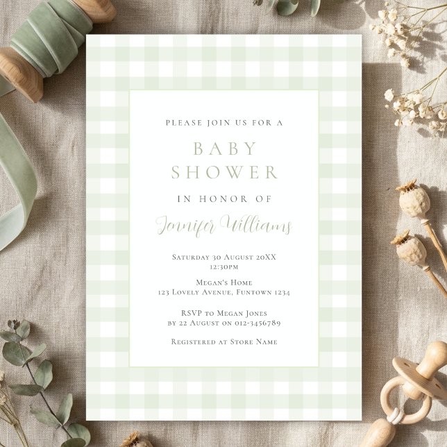 Invitación de baby shower de gingham verde salvia (Subido por el creador)