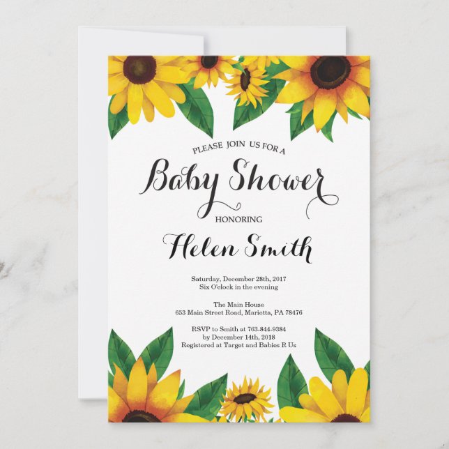 Invitación de Baby Shower de Girasoles (Anverso)