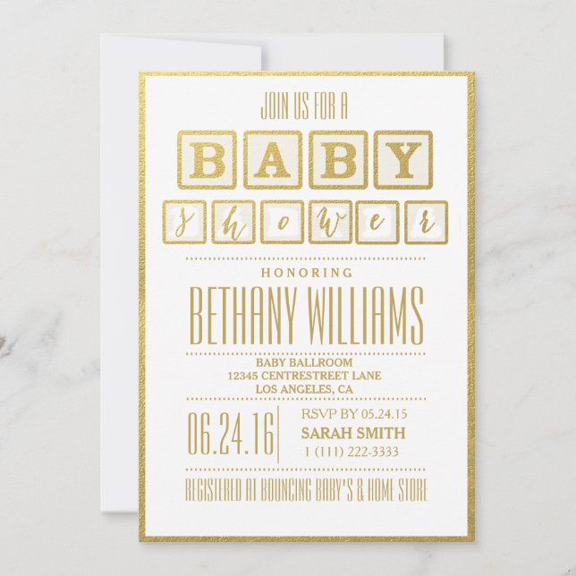 INVITACIÓN DE BABY SHOWER DE GLAMOR DE Relieve met (Anverso)
