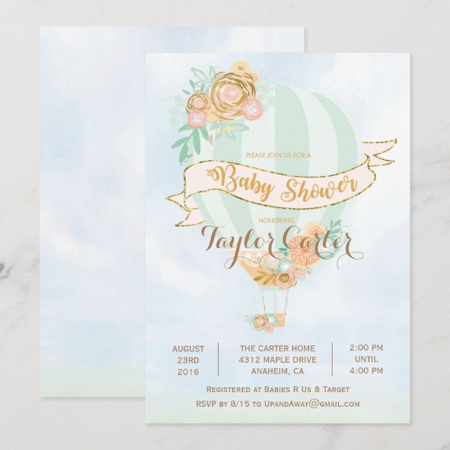 Invitación de Baby Shower de Globo Aerostático (Anverso / Reverso)