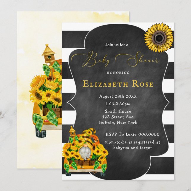 Invitación de Baby Shower de Gnome Sunflower Bees  (Anverso / Reverso)