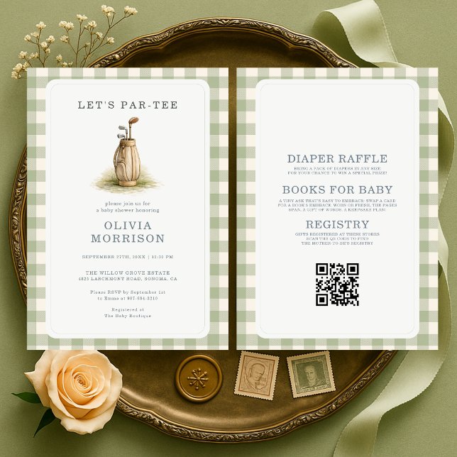 Invitación de baby shower de golf Par-Tee Gingham  (Subido por el creador)
