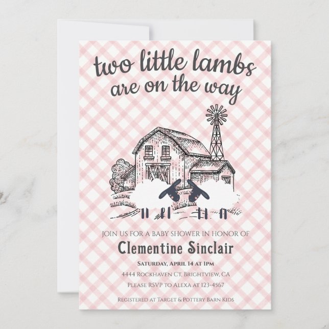 Invitación de Baby Shower de granja de corderitos  (Anverso)