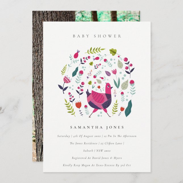 Invitación de Baby Shower de granja floral folk Bi (Anverso / Reverso)