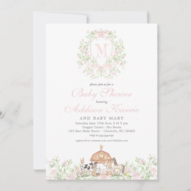 invitación de baby shower de granja para niña (Anverso)