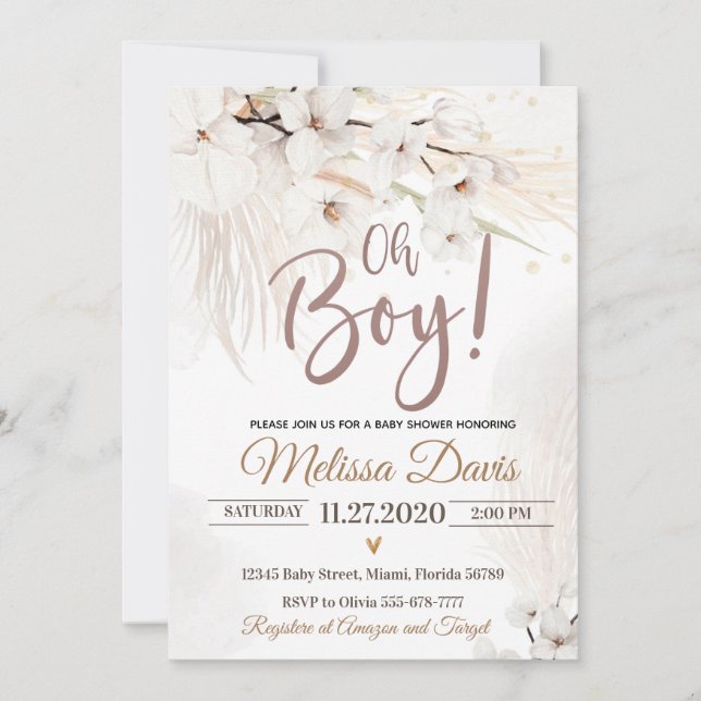 Invitación de Baby Shower de Grass Pampas Oh Boy B (Anverso)