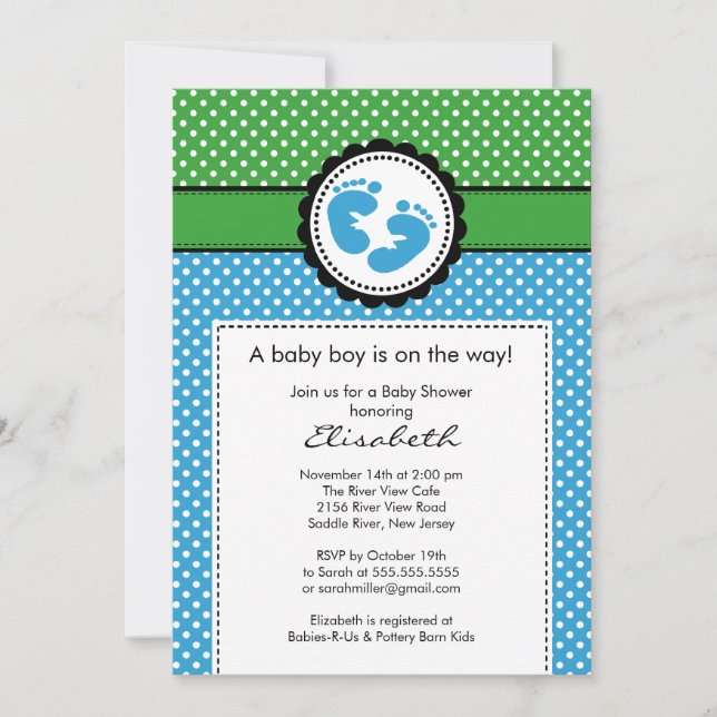 Invitación de Baby Shower de Green Blue Footprint  (Anverso)