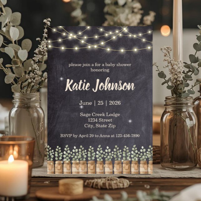 Invitación de Baby Shower de Greenery en Frasco de (Rustic chalkboard baby shower invite with mason jars, greenery & string lights for woodland themes)