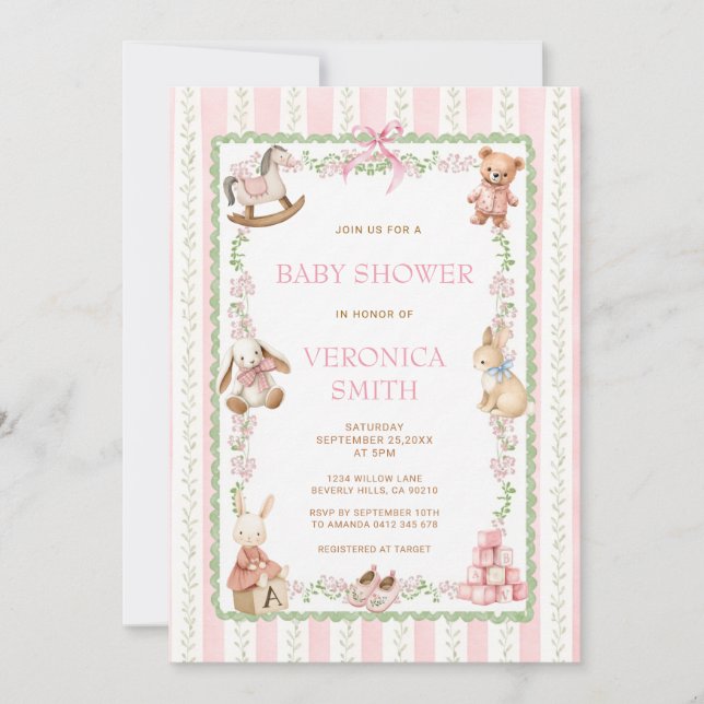 Invitación de baby shower de guardería con cinta f (Anverso)
