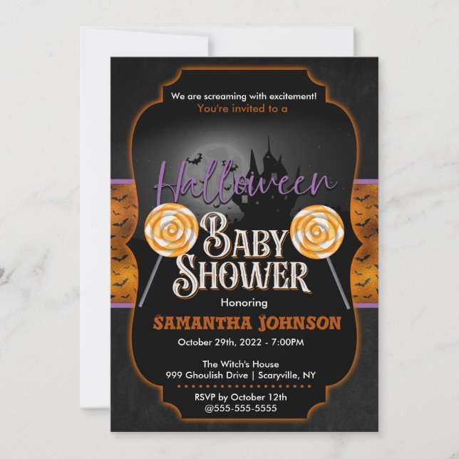 Invitación de Baby Shower de Halloween con murciél (Anverso)