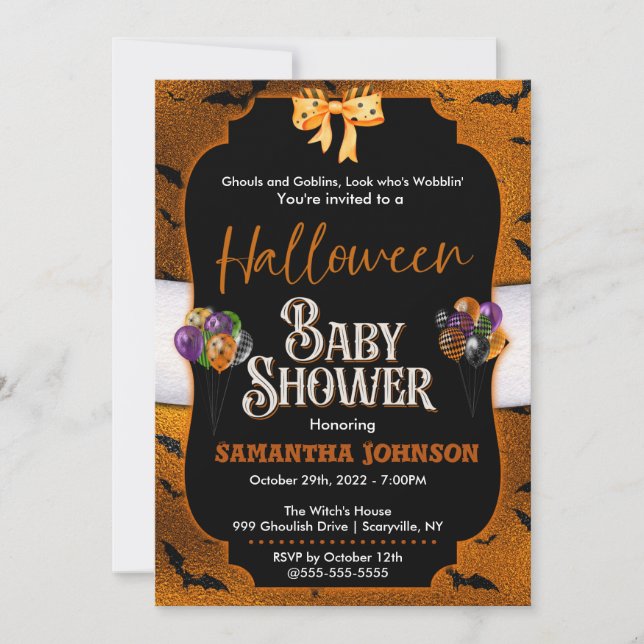 Invitación de Baby Shower de Halloween con murciél (Anverso)