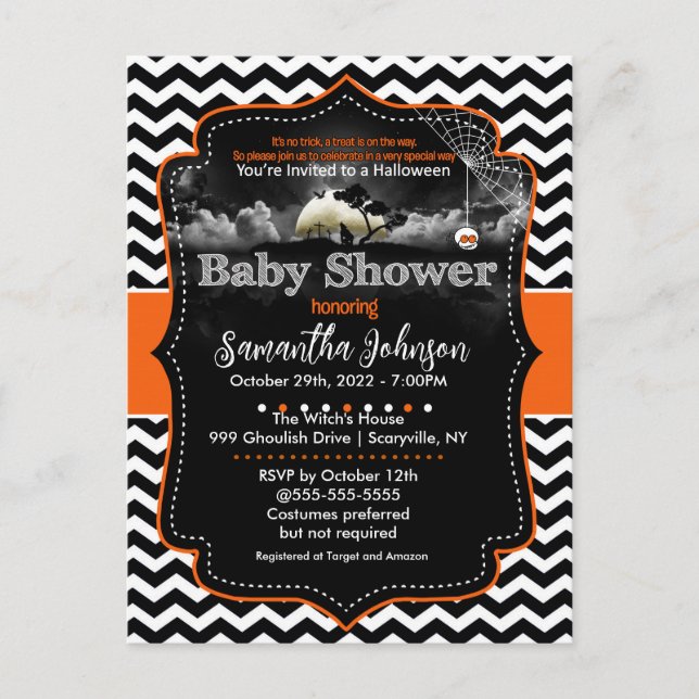Invitación de Baby Shower de Halloween con telarañ (Anverso)