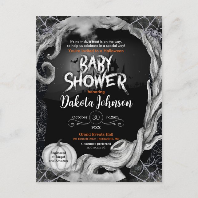 Invitación de Baby Shower de Halloween negro con r (Anverso)