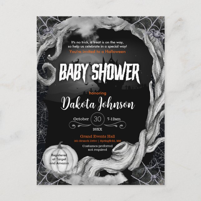 Invitación de Baby Shower de Halloween negro con r (Anverso)